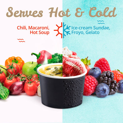 MATICAN Paper Ice Cream Cups - 100-Count 11-Oz Disposable Dessert Bowls for Hot or Cold Food, 11-Ounce Party Supplies Treat Cups for Sundae, Frozen Yogurt, Soup, Black