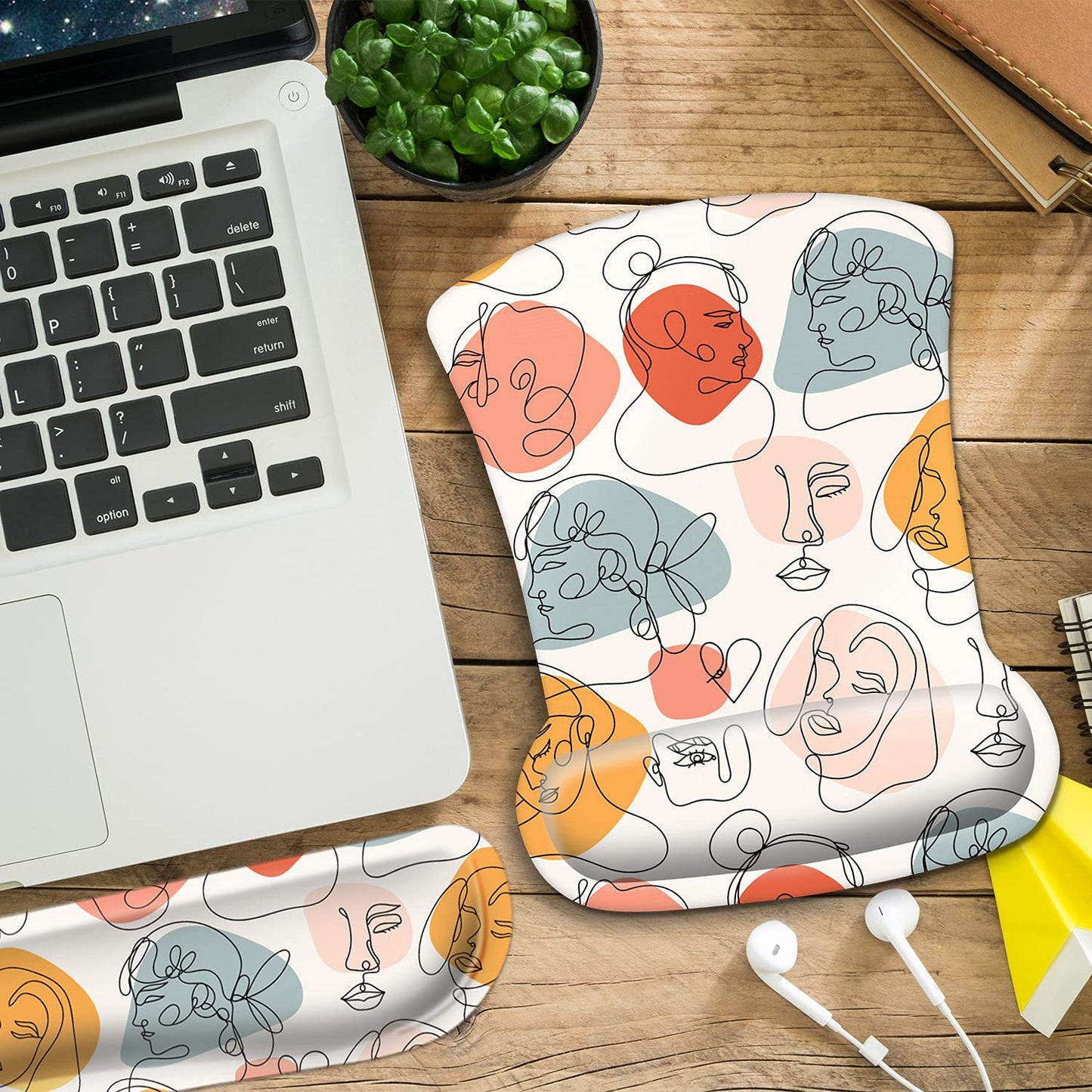 Ergonomic Mouse Pad and Keyboard Wrist Rest, Mouse Pad Wrist Support with Non Slip Rubber Base Mousepad Set + Coaster for Computer, Laptop, Easy Typing & Pain Relief, White Art Face