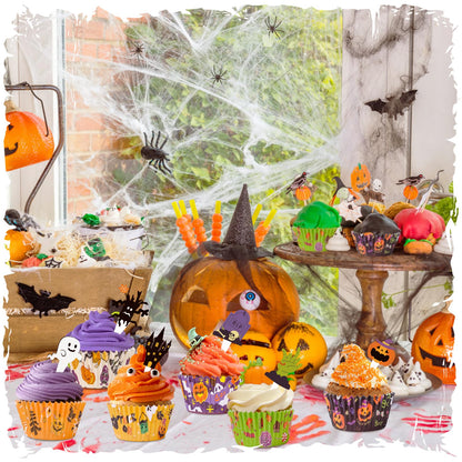 Homyplaza Halloween Cupcake Liners with Toppers Picks, Standard Wrappers Cupcake Disposable Baking Cups Muffin Liners for Halloween Party Decorations Supplies (150 Liners & 150 Toppers)