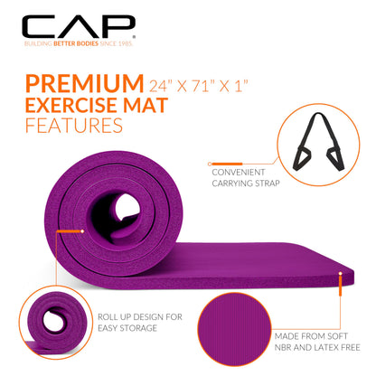 CAP Barbell 1-Inch High Density Exercise Yoga Mat with Strap | Multiple Colors