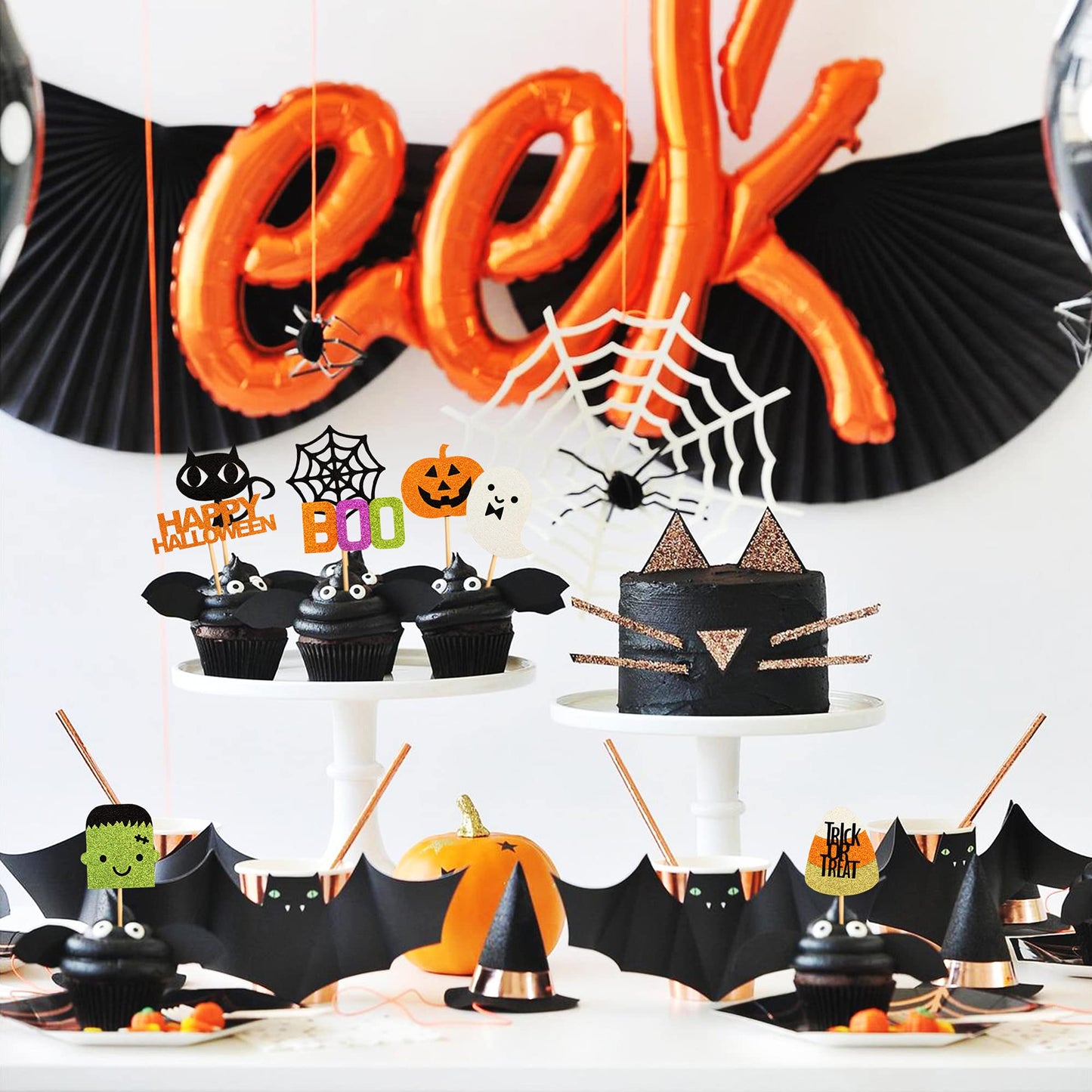 32 pcs Halloween Ghost Boo Glitter Cupcake Toppers Ghost Boo 32 Pack Cupcake Topper muffin for Halloween, Birthday Decoration Party Supply(Frankenstein）