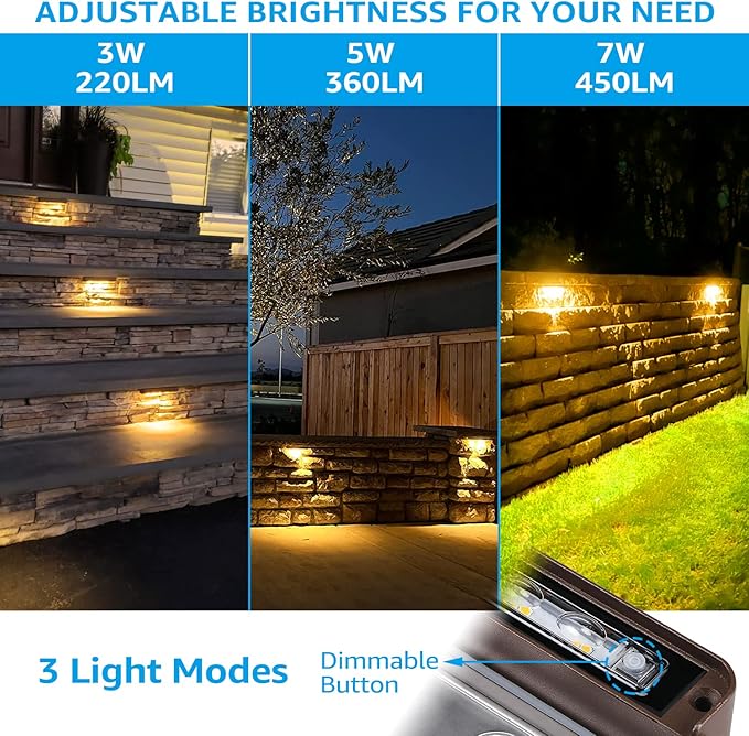 LEONLITE 12 Inch Dimmable LED Hardscape Lighting 3-Way, 3W/5W/7W Retaining Wall Lights, 120° Swivel Step Light, 12V-24V Paver Lights Low Voltage, IP65, 3000K Warm White, ETL Listed, Pack of 4