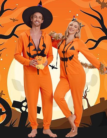 Ekouaer Halloween Onesie Adult Matching Onesie for Couples Halloween Festive One Piece Zipper Jumpsuit (Pumpkin,Large)