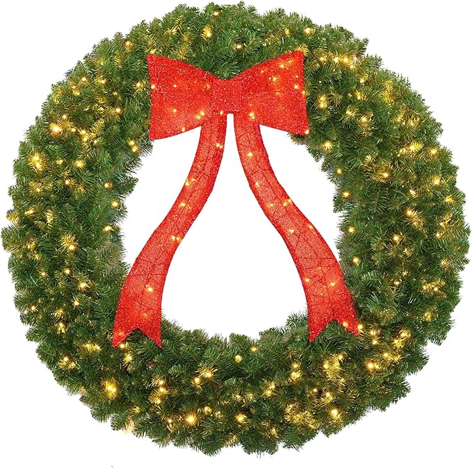 48in Christmas Wreath, 250 LED Lights (Warm White & Color, 10 Lighting Modes), Glowing Red Bow, 714 PVC Branch Tips, Power Plug-in, with Hooks, Holiday Decoration, Outdoor Door Decoration