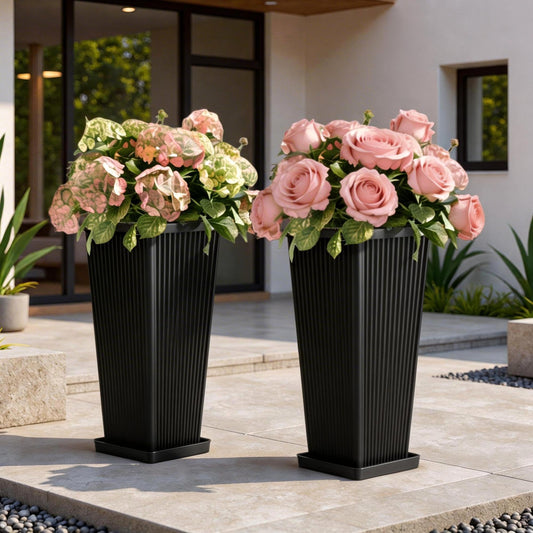 Diyfire Front Porch Planters Outdoor Set of 2, 24" Tall Plastic Planters for Outdoor Plants with Drainage, Extra Large Outdoor Planter Pots, Tapered Tall Planters for Front Door & Indoor Plants, Black