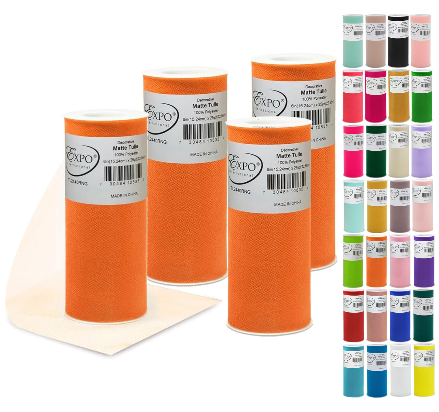 Expo International Decorative Matte Tulle, Lightweight Polyester Tulle Fabric for Tutus, Costumes, and Party Decorations, Washable, Easy-to-Use, 6 Inch x 25 Yards, Orange, Pack of 4