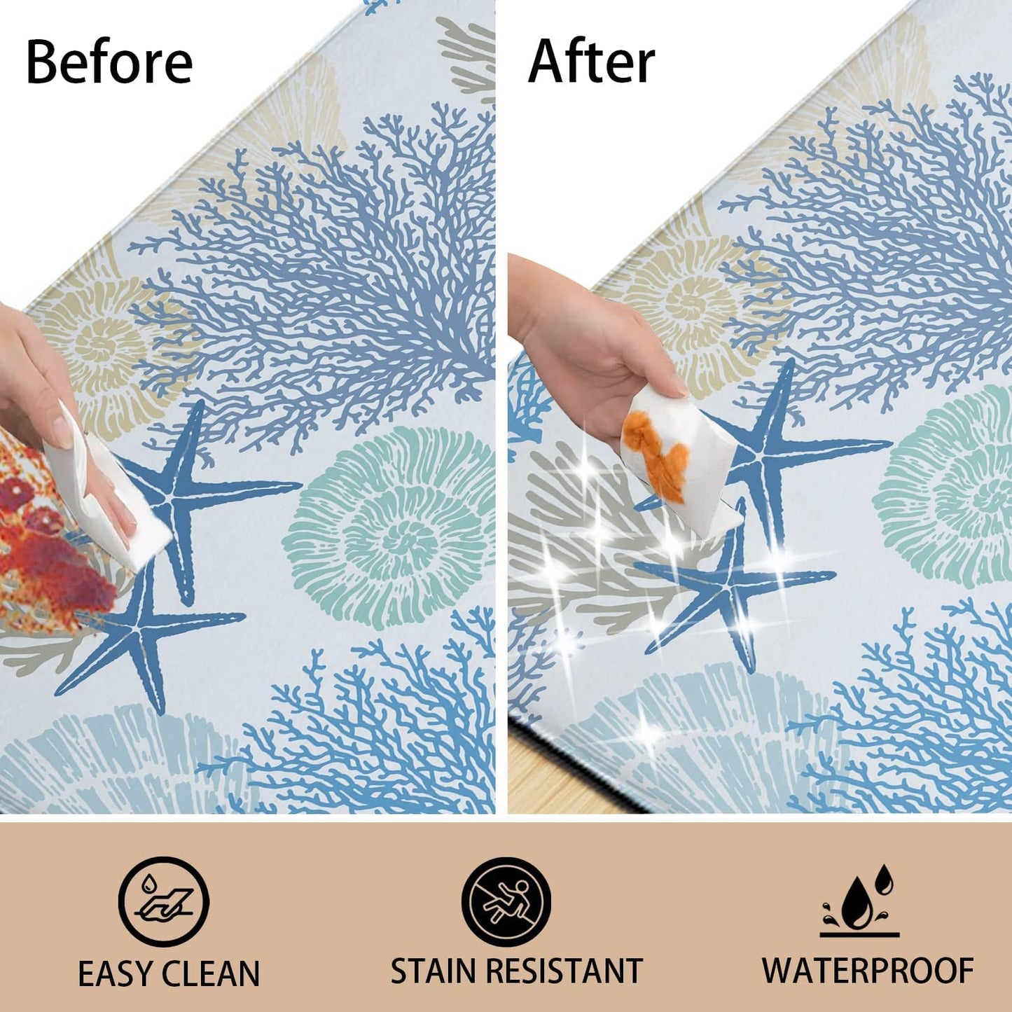 Tritard Coastal Beach Theme Kitchen Mats Rugs Set of 2 Anti Fatigue Kitchen Mats for Floor Memory Foam Cushioned Waterproof Non Slip Comfort Standing Mat for Sink Laundry, Blue, 17.3"x 28"+17.3"x 47"