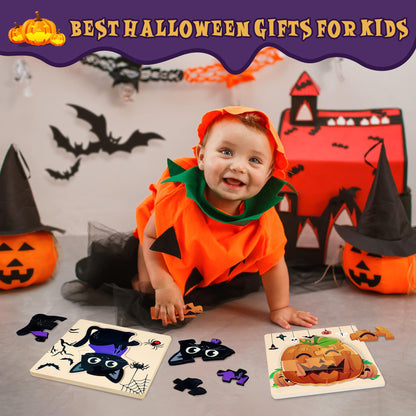 Malhaii 4Pack Halloween Wooden Puzzles for Toddlers - Educational Learning Toys, Jigsaw Puzzle for Party Favors, Supplies, Kids, Boys, Girls - Treat Goodie Bags Fillers Gifts