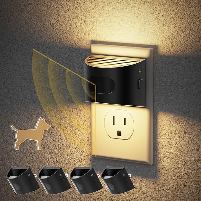 JandCase Motion Sensor Night Light, Night Lights Plug into Wall, Dusk to Dawn Sensor Nightlight with Motion Activated, 30/60/100lm Brightness Dimmable, 3000K Warm White[4 Pack]