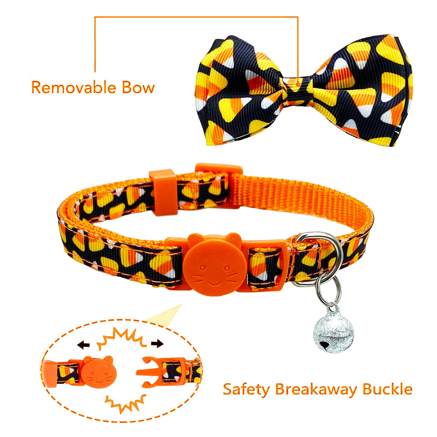 2 Pack Halloween Cat Collar with Bell, Holiday Jack-O-Lantern and Candycorn Collar for Kitty Kitten Male Female Cats (Jack-O-Lantern/Candycorn)