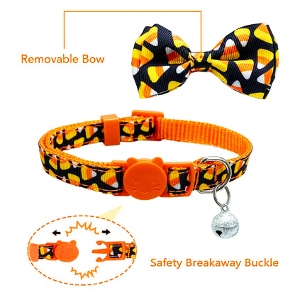 2 Pack Halloween Cat Collar with Bell, Holiday Jack-O-Lantern and Candycorn Collar for Kitty Kitten Male Female Cats (Jack-O-Lantern/Candycorn)
