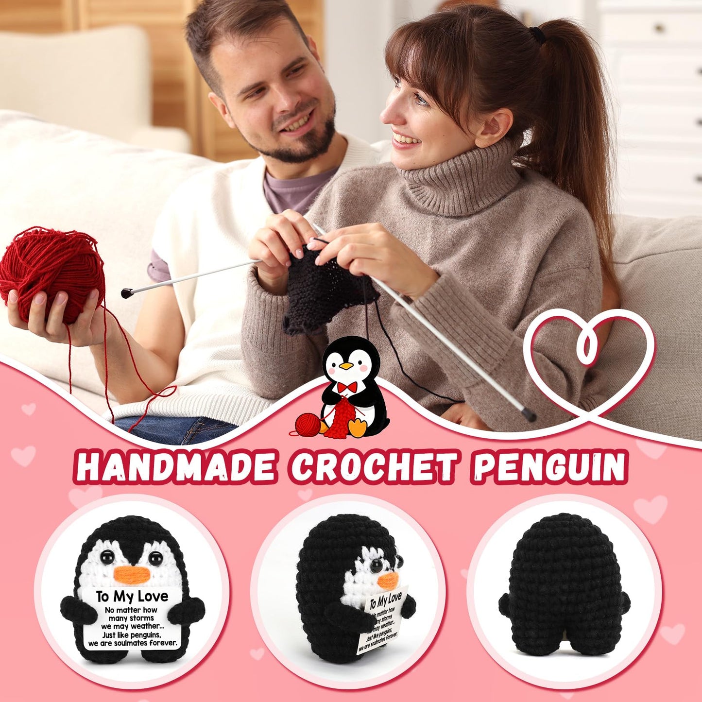 Valentines Day Gifts for Him Her, To My Love Handmade Crochet Mini Penguin Anniversary Birthday Gift for Boyfriend Girlfriend Wife Husband, Romantic I Love You Valentines Gifts for Women Men Couple