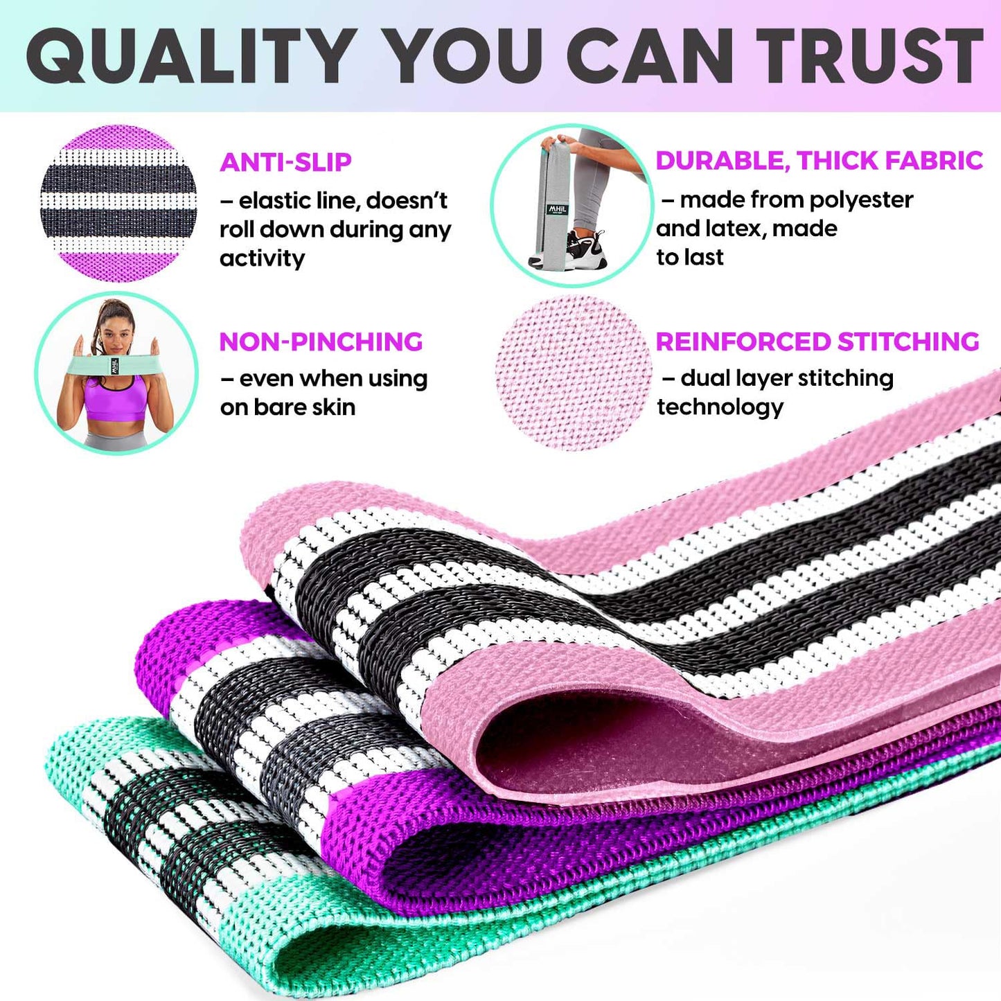 Fabric Resistance Bands for Working Out – 4 Durable Exercise Bands for Women & Men, Non-Slip & Non-Pinching Workout Bands – Multiple Resistance Levels Booty Bands for Legs Butt Glutes Hips Abs & More