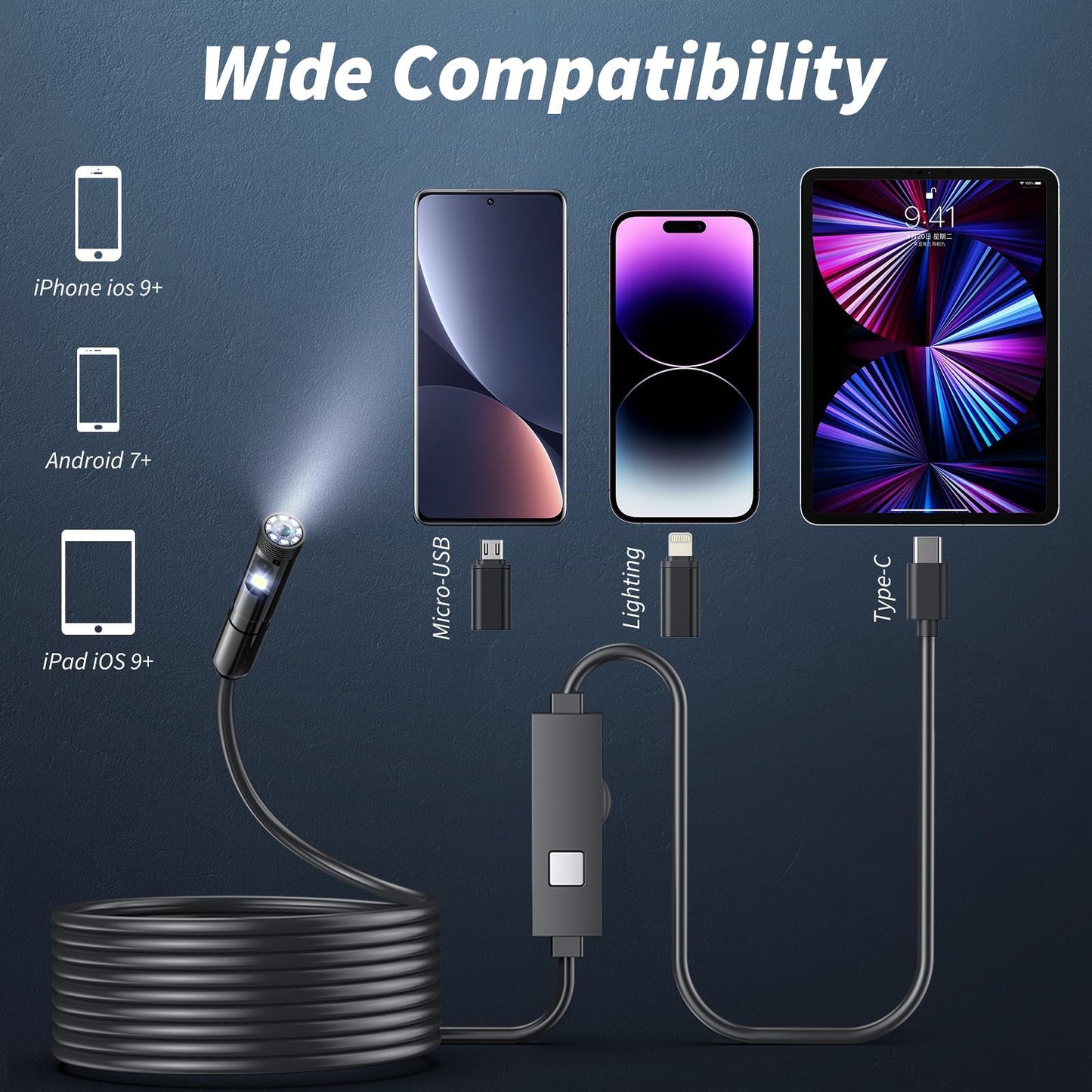 Endoscope Camera with Light,1920P HD Borescope Tools with 8 Adjustable LED Lights, Endoscope with Semi-Rigid Snake Camera, IP67 Waterproof Inspection Borescope for iOS and Android-16.4ft Dual-Lens
