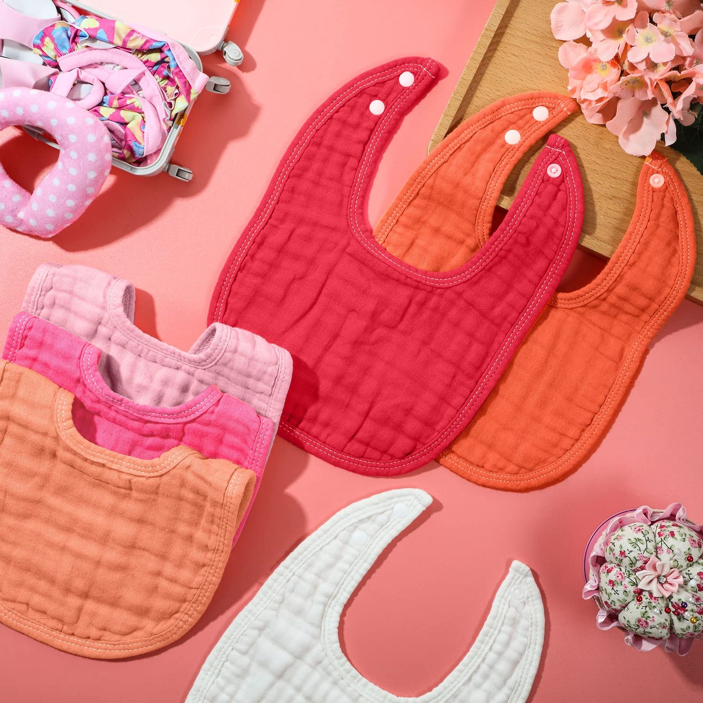 Frienda 6 Pcs Muslin Bibs Burp Cloths for Baby Teething Bandana Bibs 6 Absorbent Layer for Baby Boy Girl Cotton Burping Cloth(Pink Series)