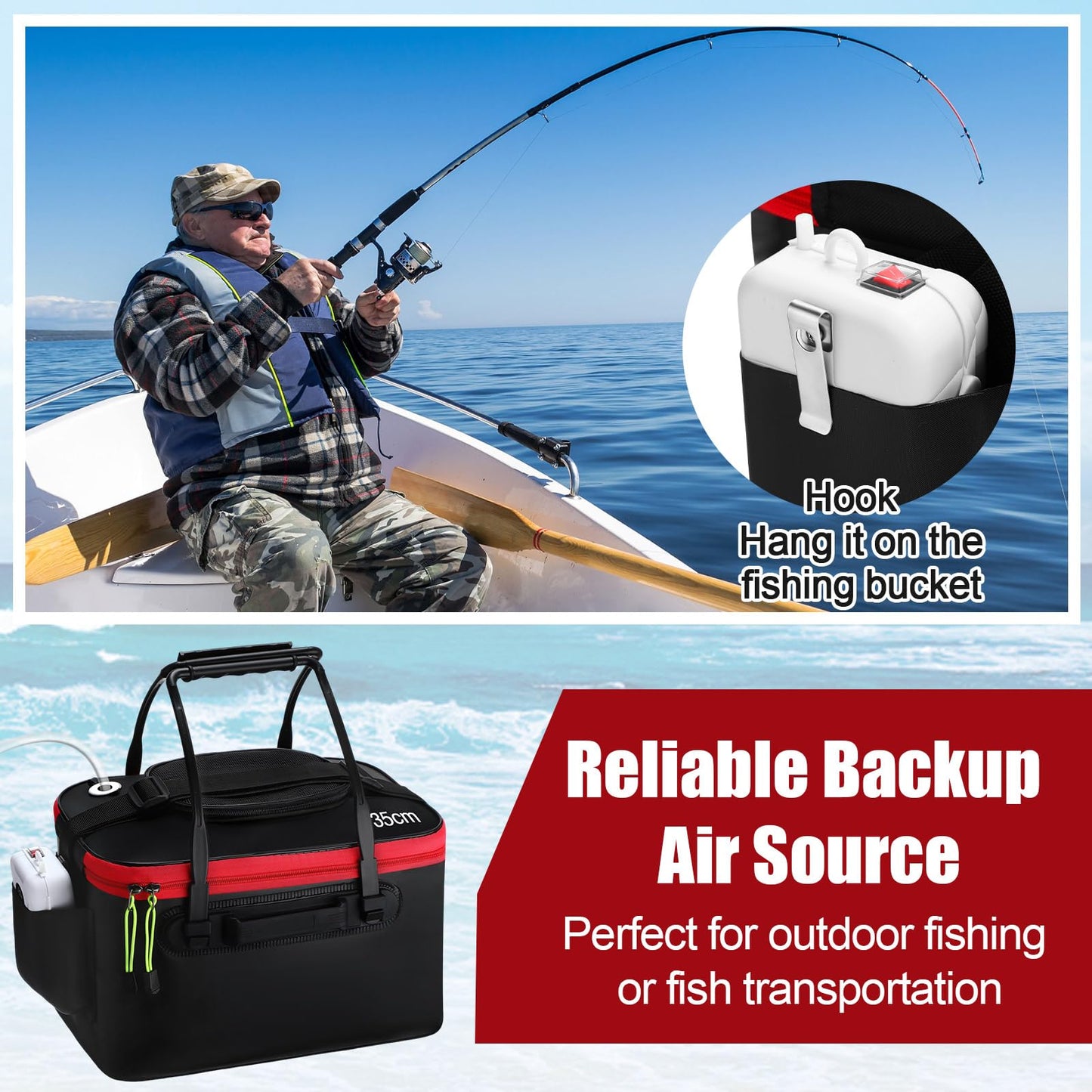 Cosblank 2 Pcs Fishing Bucket and Live Bait Aerator, Foldable Multi Functional Live Bucket Portable Quiet Aerator Outdoor Camping Fishing EVA Bag(Black,4 Gallon)