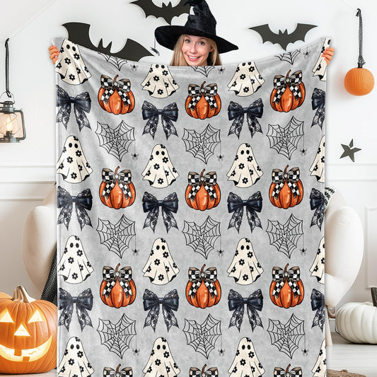 JarThenaAMCS Halloween Flannel Blanket 60 x 50 Inch Ghost Pumpkin Bow Decorative Throw Blanket Soft Gray Blanket for Home Chair Sofa Couch Bed