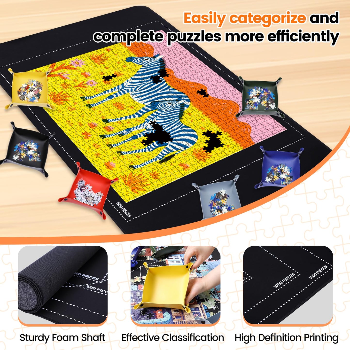 Pohxev Rubber Puzzle Mat Roll Up，Jigsaw Saver Pad Matt Rollup 46" x 26" Up to 1500 1000 500 Pieces, Upgraded Travel Storage Bag with 6 Sorting Trays Portable Keeper with Non-Slip Bottom.