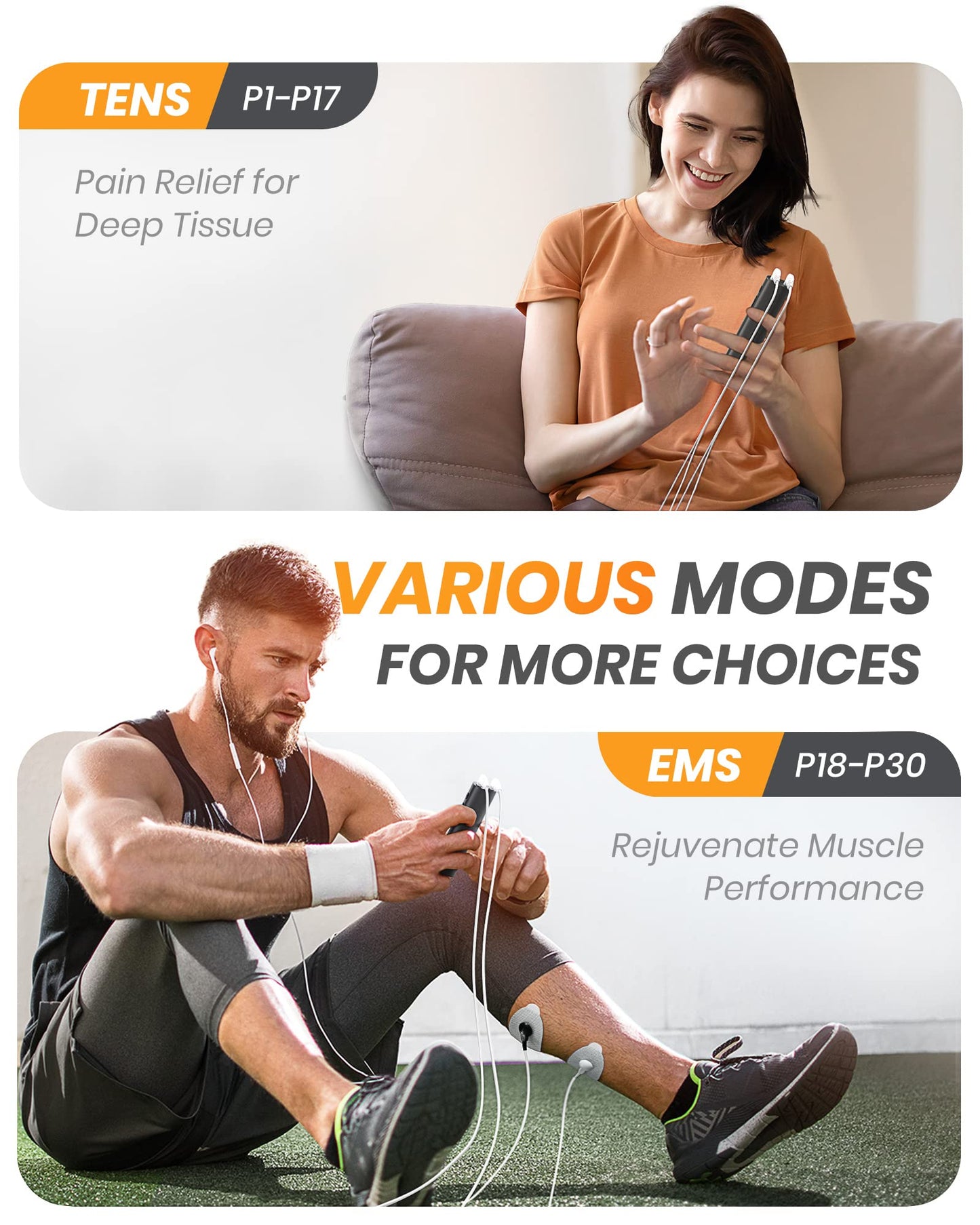 AVCOO 30 Modes TENS EMS Unit Compact Muscle Stimulator for Pain Relief of Back, Shoulder, Neck, Rechargeable & Portable Dual Channel EMS Muscle Stimulator with 30 Intensity Levels, 12 Electrode Pads