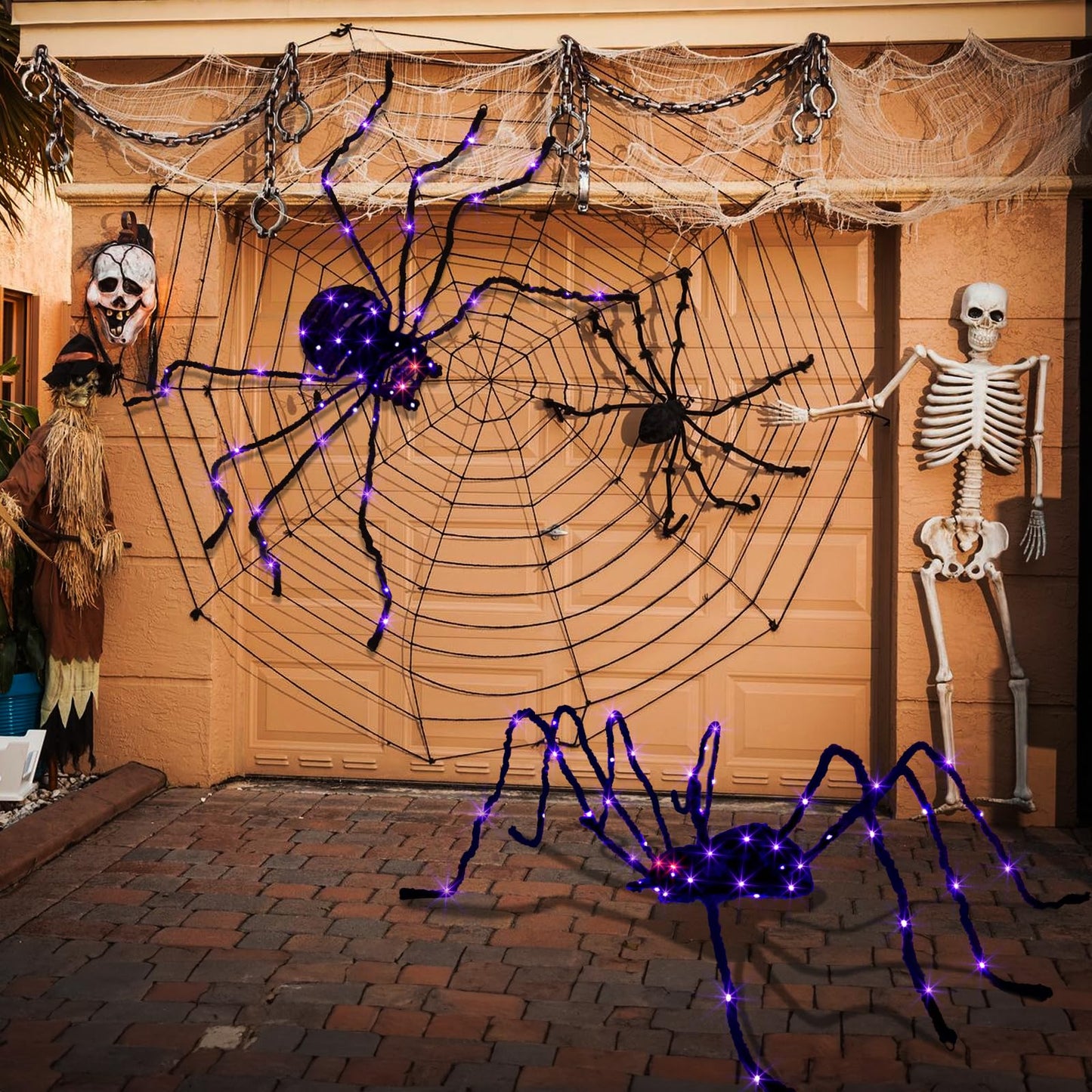 EAMBRITE Halloween Decorations Outdoor 5FT Bendable Scary Giant Spider with 83LT Purple Lights Black Fake Spider for Halloween Indoor Outdoor Yard Home Parties Creepy Décor