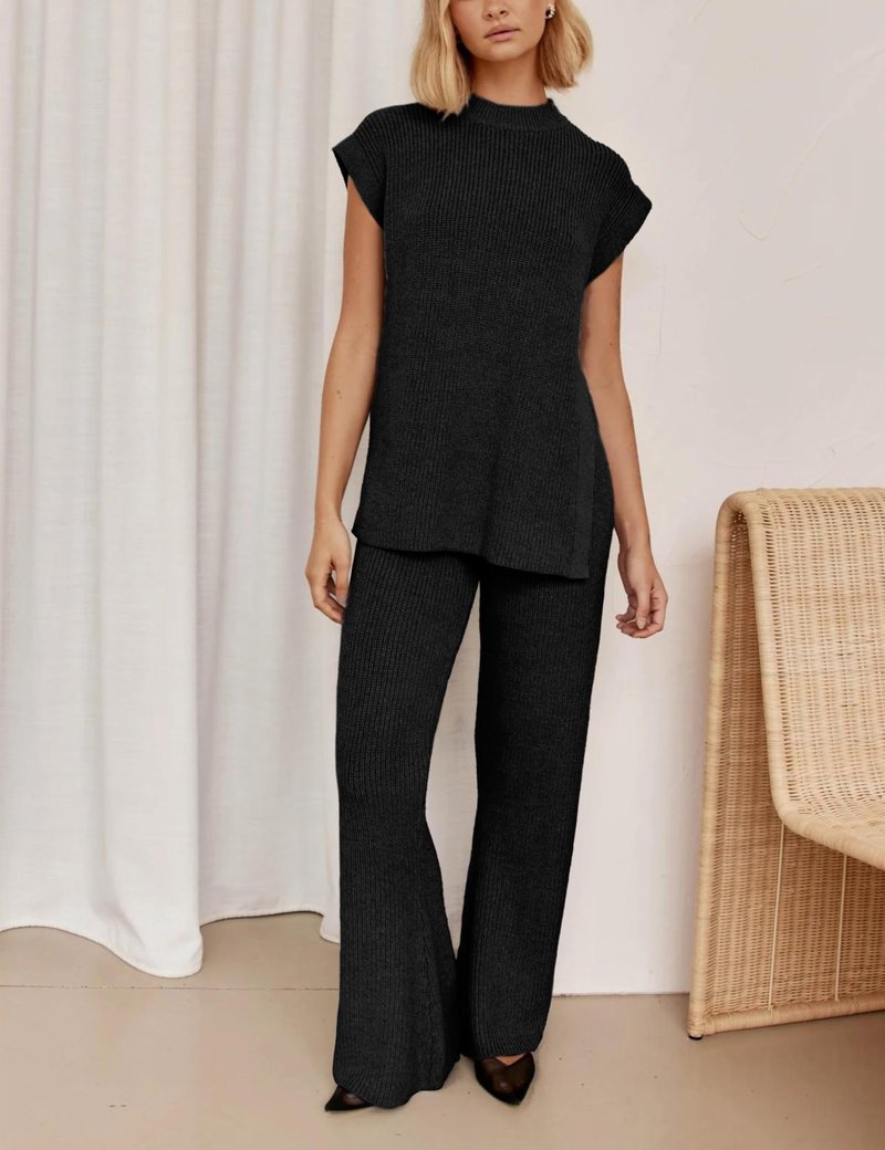 Lviefent Womens 2 Piece Outfits Sweater Set Sleeveless Side Slit Pullover Top Knit Wide Leg Pants Lounge Matching Sets (Black-L)