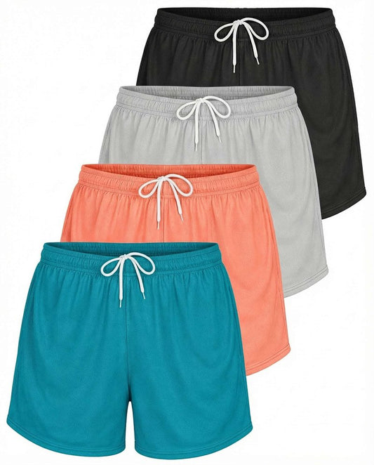 Real Essentials 4 Pack: Womens Active Athletic Performance Mesh Shorts with Pockets (Available in Plus Size)