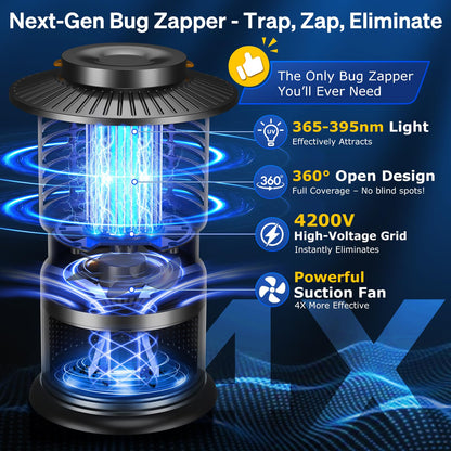 Bug Zapper Outdoor & Mosquito Trap, 4-in-1 Mosquito Zapper with Ultra-Quiet Suction, Rechargeable Fly Traps with 10,000mAh Long Battery Life, Auto On/Off Insect Zapper for Yard, Home, Camping, Black