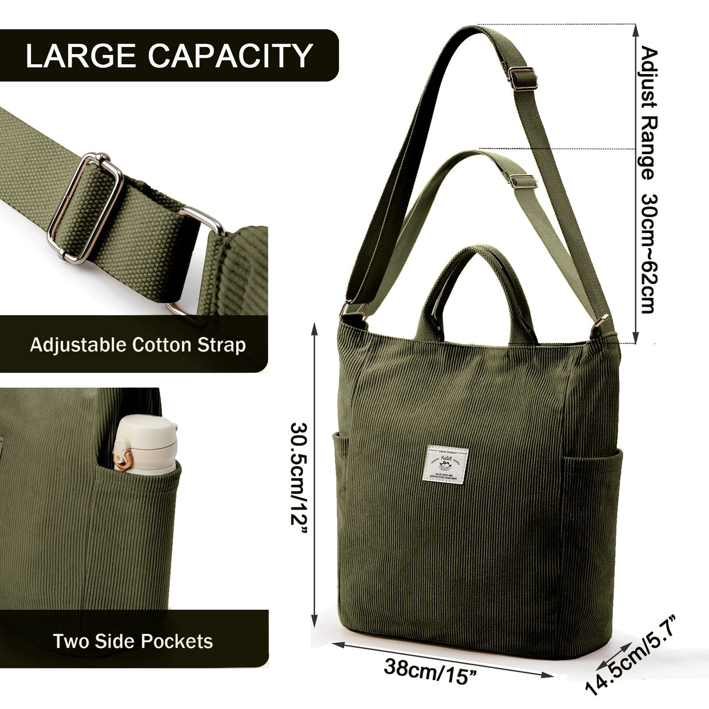 KALIDI Corduroy Hobo Bag Totes Bag Handbag Crossbody Bag Large Capacity Shoulder Bags with Zipper for Women Ladies Girls School,College,Shopping,Work