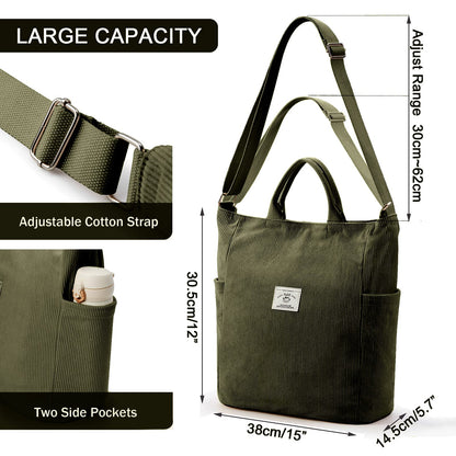 KALIDI Corduroy Hobo Bag Totes Bag Handbag Crossbody Bag Large Capacity Shoulder Bags with Zipper for Women Ladies Girls School,College,Shopping,Work