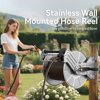Giraffe Tools Stainless Steel Garden Hose Reel Heavy Duty, Wall/Floor Mounted Stainless Water Hose Reel Retractable with Crank, 150-Feet 5/8" Hose Capacity