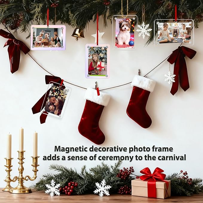 Christmas Photo Ornament Set of 4, 2x3'' Iridescent Acrylic Hanging Picture Frame for Family Photo, Christmas Tree, Holiday Decoration, Multifunctional Magnetic Picture Frames for Car and Fridge Decor