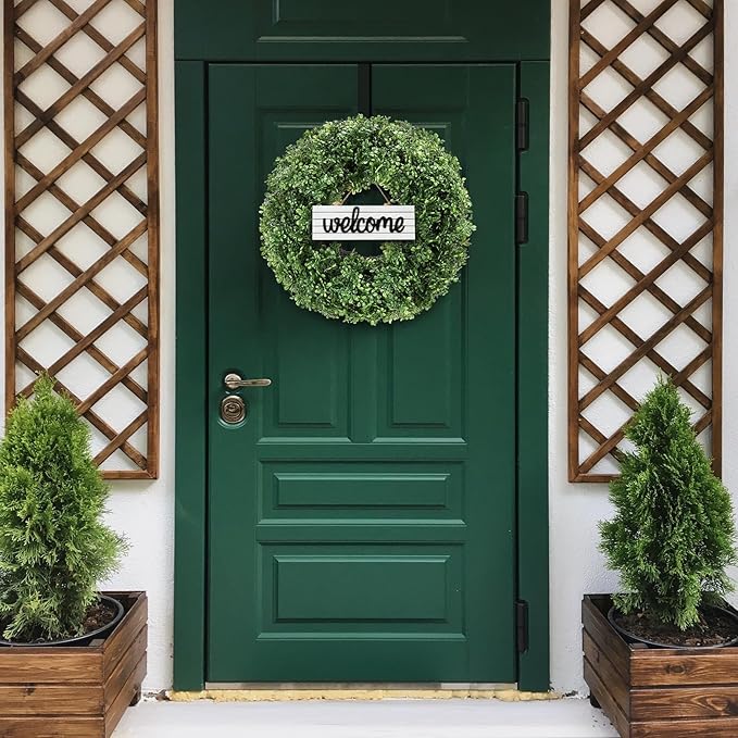 24" Wreath, Artificial Boxwood Wreaths for Front Door, Spring and Summer Wreath, Used for Spring Home Decor,Farmhouse or Room Indoors,Outdoors, corridors, Offices (Green)