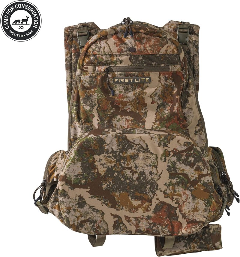 First Lite Treeline Turkey Vest - Tactical Hunting Vest with Game Pouch, Adjustable Seat & MOLLE System | Camo Design