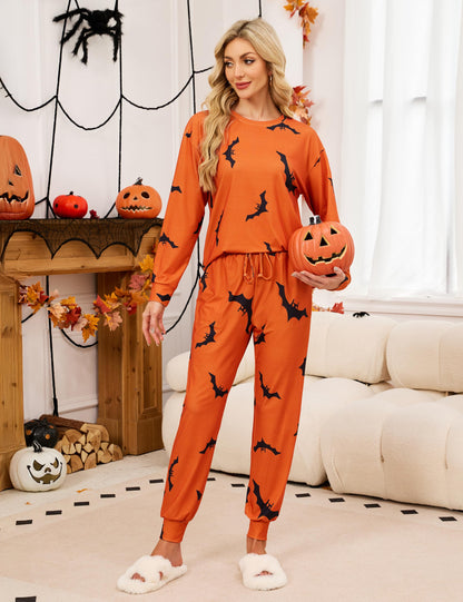 Blooming Jelly Womens Cute Pajama Sets Soft Halloween Pajamas Side Slit Sleepwear Loungwear with Pockets (L, Orange)