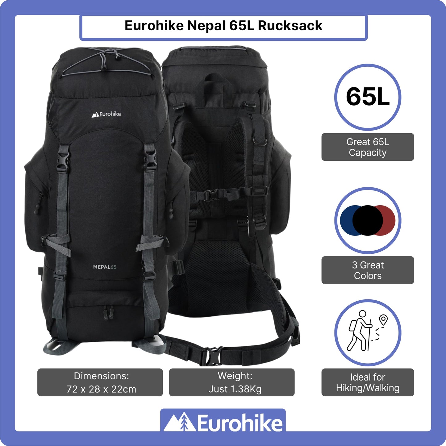 Eurohike Nepal 65 Litre Rucksack with Ventilated Back Panel & Padded Harness, 65L Backpack, Bag for Men & Women, Adjustable, Lightweight, Camping, Hiking, Trekking, Travelling, Outdoors, Black