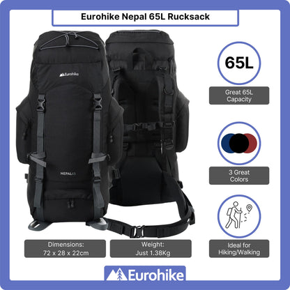 Eurohike Nepal 65 Litre Rucksack with Ventilated Back Panel & Padded Harness, 65L Backpack, Bag for Men & Women, Adjustable, Lightweight, Camping, Hiking, Trekking, Travelling, Outdoors, Black