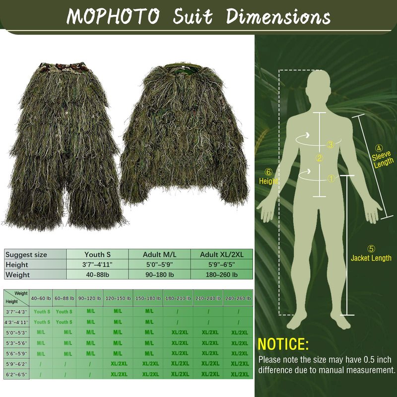 MOPHOTO 5 in 1 Ghillie Suit 3D Camouflage Hunting Suits - Jacket, Pants, Hood, Carry Bag for Youth & Adults M/L/XL/XXL