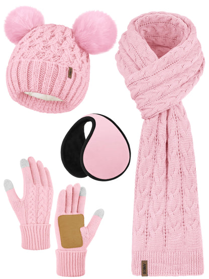Aneco Winter Beanie Hat Scarf Gloves Ear Warmer Set for Women Fleece Lined Pom Pom Beanie Touchscreen Gloves 4 in 1 Set Pink