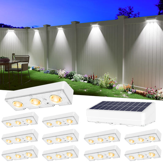 JOFIOS Solar Fence Lights Outdoor Waterproof Led, 12Pack,1300mAh,6 Inch Solar Lights for Fence with Warm White & RGB 8 Colors,Outdoor Solar Lights for Patio, Backyard, Deck, Railing (White)
