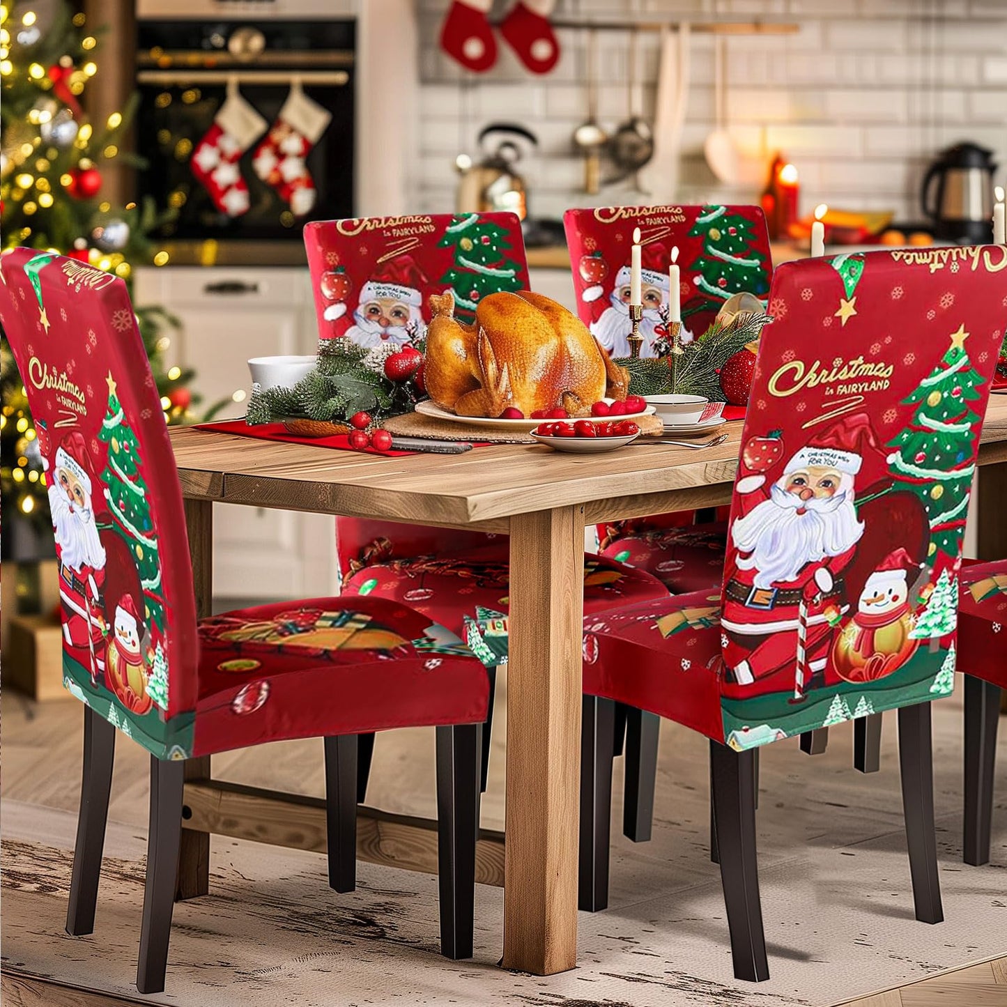 SearchI Christmas Dining Chair Covers Set of 4,Stretch Printed Kitchen Chair Cover Washable Spandex Xmas Parsons Chair Protector Slipcovers for Christmas Decoration,Holiday Party(Santa Claus)