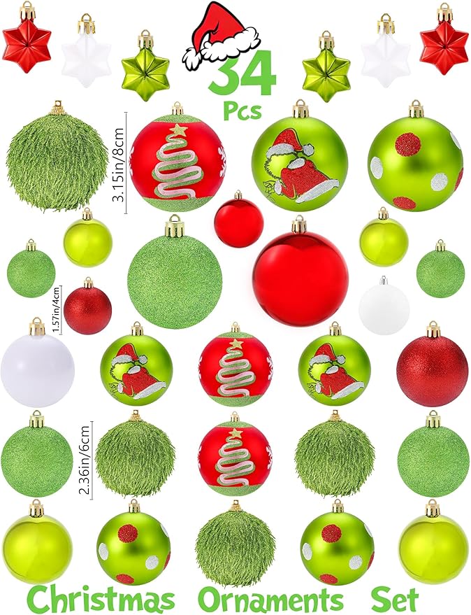 34 Pcs Christmas Ball Ornaments, Lime Green, Red and White Christmas Tree Decorations Set, Shatterproof Hanging Xmas Ornaments for Office Holiday Home with 7 Styles in 3 Sizes(Small Medium Large)