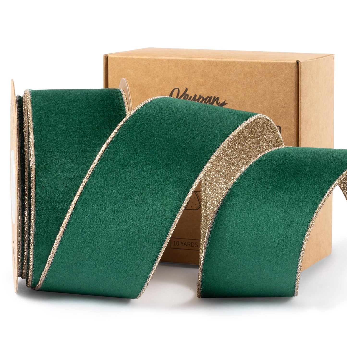 Keypan Green Velvet Ribbon for Christmas Tree Wired Ribbons for Decoration Wreath Home Decor Gift Wrapping 2-1/2 Inch Wide with Gold Metallic Glitter 10 Yards