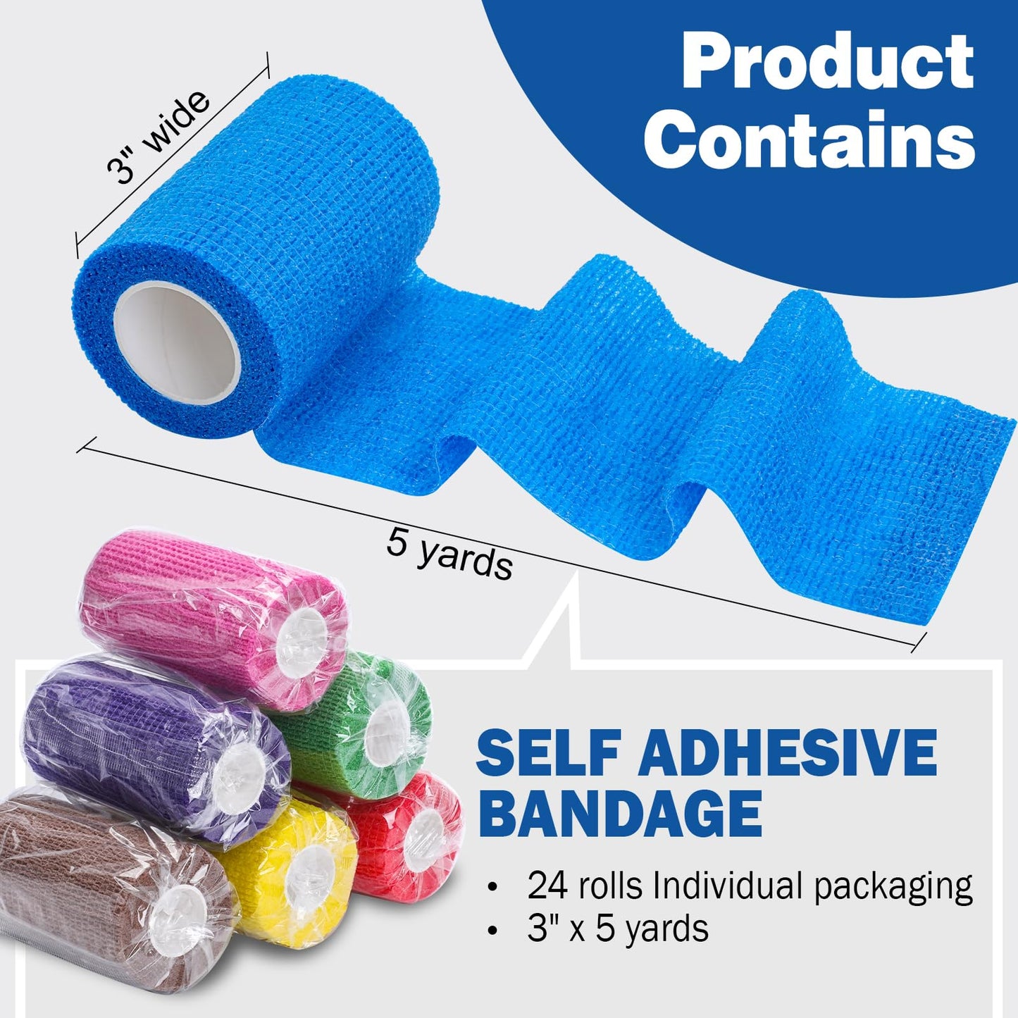 AZEN 24 Pack Self Adhesive Bandage Wrap, 3" X 5 Yards Elastic Cohesive Bandage Wrap, Color Athletic Tape, Vet Wrap, Ankle Tape, Tattoo Grip Tape Wrap