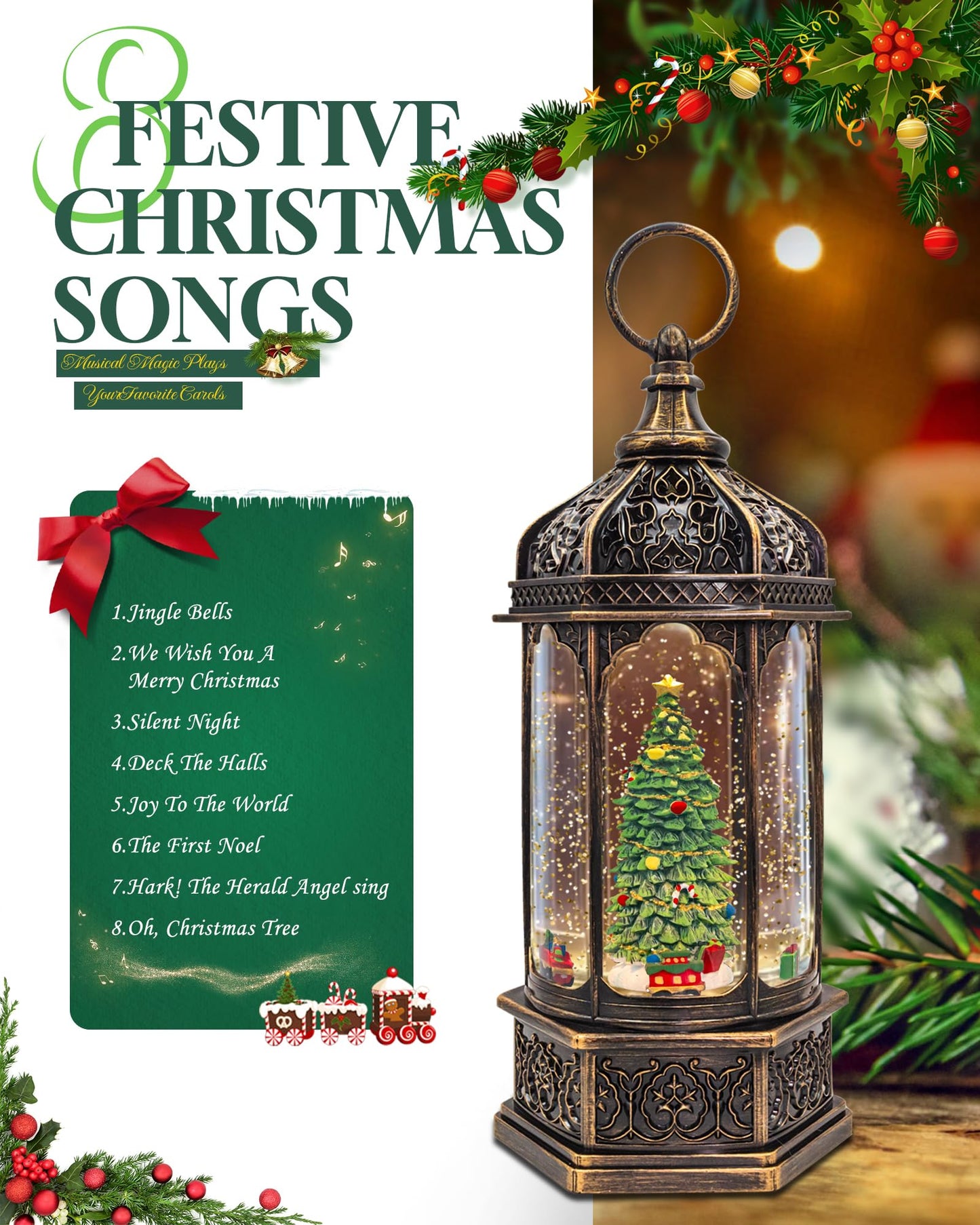 Musical Christmas Tree Snow Globe with Timer, Decorative Trains Rotate with Music, Christmas Ornaments Music Box for Friends, Women, Adults, 12.7''