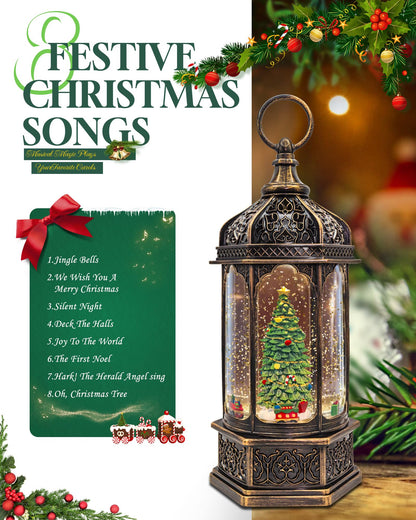 Musical Christmas Tree Snow Globe with Timer, Decorative Trains Rotate with Music, Christmas Ornaments Music Box for Friends, Women, Adults, 12.7''