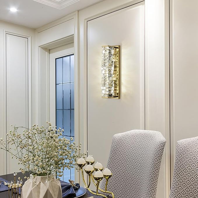Crystal Wall Sconces Set of 2 Gold Crystal Wall Lighting with LED ‎Adjustable Color Temperature Modern Wall Lights Indoor Beautiful Glass Wall Light for Bedroom Living Room Hallway