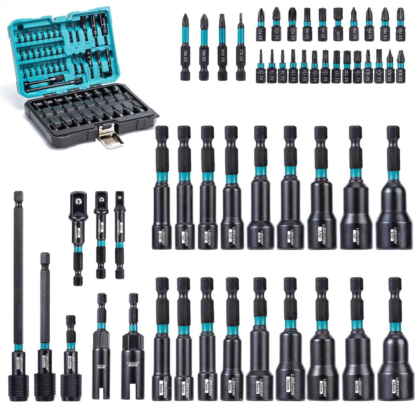 LIBRATON 54PCS Magnetic Nut Driver Set, Impact Drill Driver Bit 1/4", Metric & SAE Nut Driver for Impact Drill, Socket Adapters, Screwdriver Bits, Quick-Release Extension, Wing Nut Driver, Storage Box