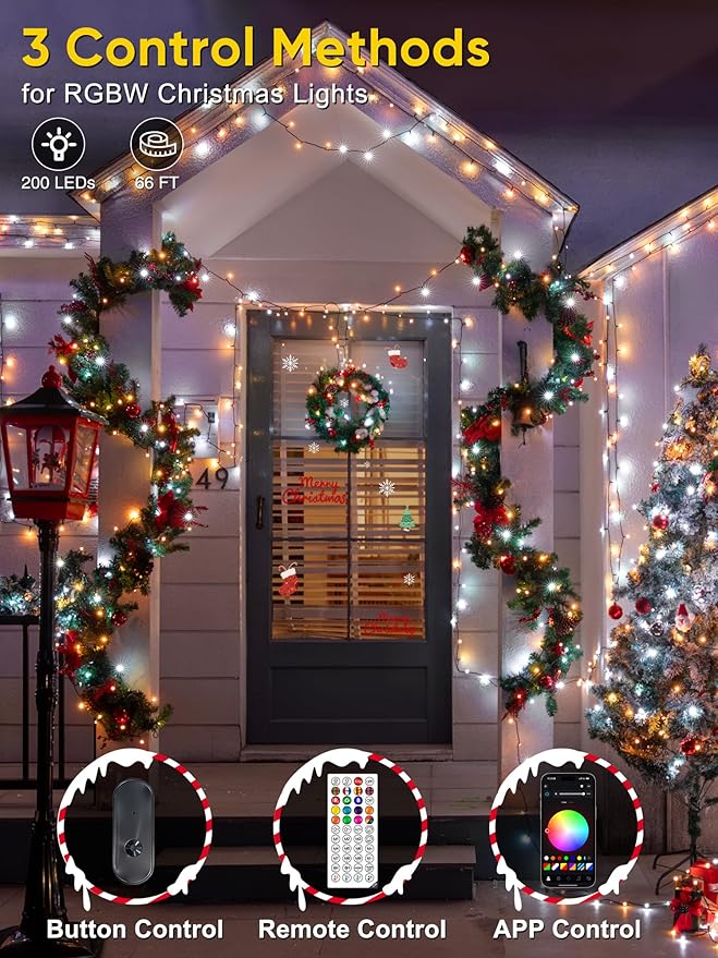 Smart Color Changing Christmas Lights, 66FT 200 LED RGB Christmas String Lights with App & Remote Control, Waterproof Christmas Tree Lights for Outdoor Indoor Party Decor