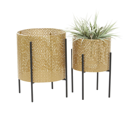 CosmoLiving by Cosmopolitan Metal Indoor Outdoor Planter Floral Cutout Small Planter Pot with Removable Stand, Set of 2 Planters 15", 14"H, Gold