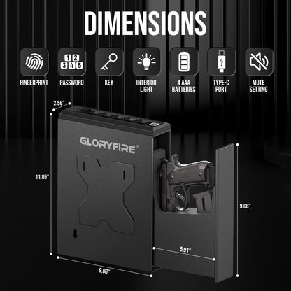 GLORYFIRE Gun Safe Biometric Pistol Safe, Mounted Nightstand Quick Access Handgun Safe and Gun Lock Box for Car, Truck, Desk, Bedside, Wall with Security Fingerprint, Key Access, PIN Code
